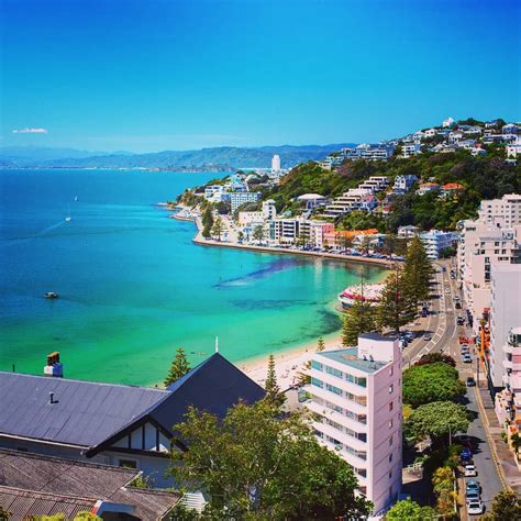 Oriental Bay Wellington New Zealand Blue Skies And Blue Waters Of