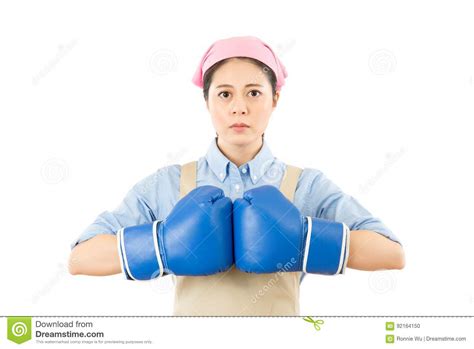Aggressive Woman Punching Boxing Gloves Stock Photo Image Of Cleaner