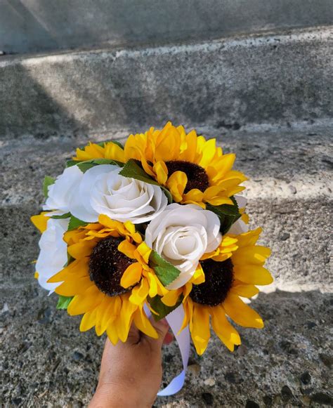Beautiful Sunflower And White Rose Bouquet With A Etsy