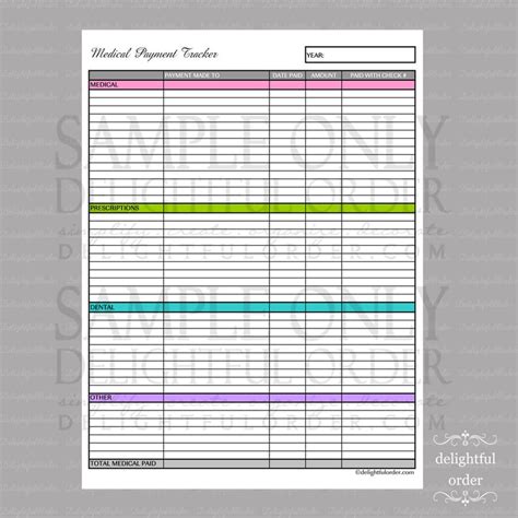 Colorful Medical Payment Tracker Pdf Printable File Etsy