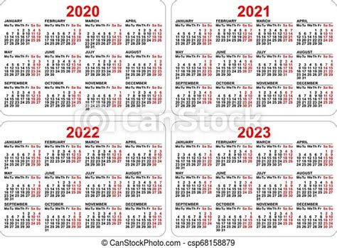 2020 2021 2022 2023 Years Set Pocket Calendar Grid Vector Template