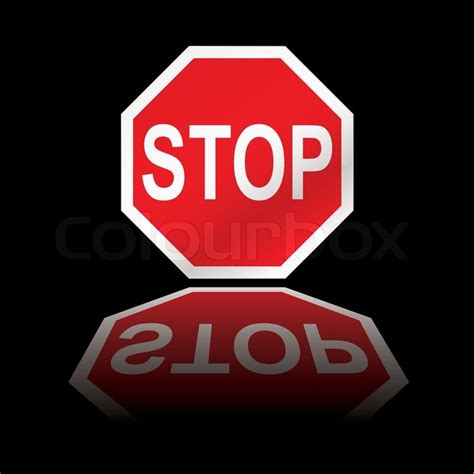 Red Stop Road Sign With Black Background And Reflection