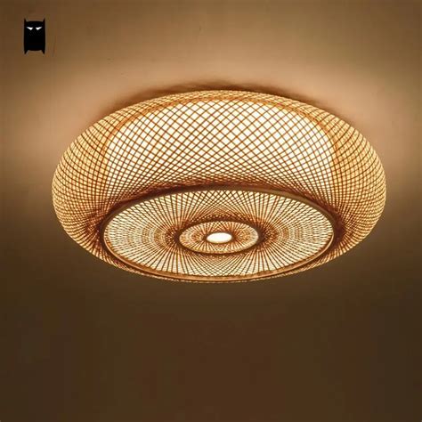 Hand Woven Bamboo Wicker Rattan Round Lantern Shade Ceiling Light Fixture Rustic Asian Japanese