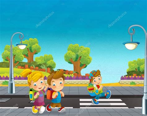 Escena De Dibujos Animados Con Niños Caminando En La Calle — Fotos De