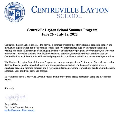 Summer Program Information Centreville Layton School