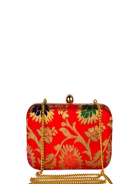 Buy Rezzy Red And Gold Toned Embroidered Box Clutches Clutches For