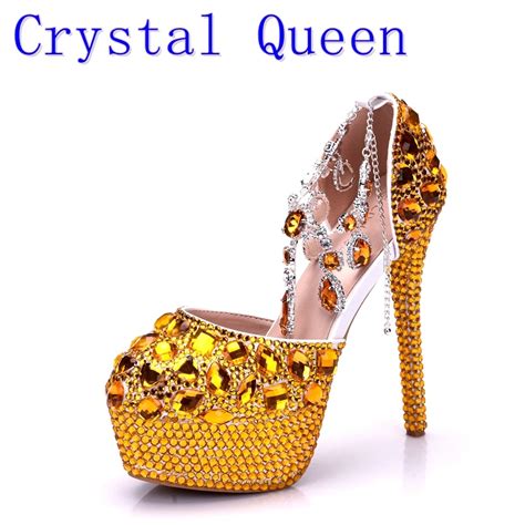 crystal queen women high heels prom wedding shoes lady crystal platforms gold glitter rhinestone