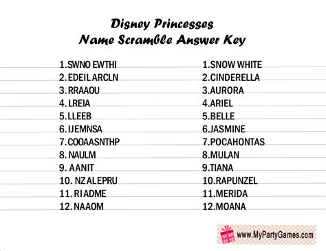 Free Printable Disney Princesses Name Scramble Puzzle