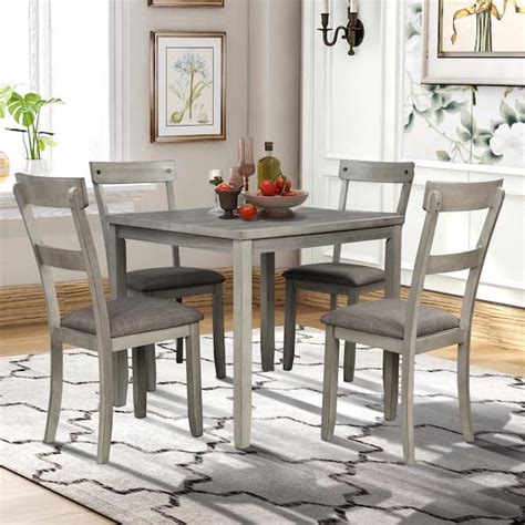 Godeer 5 Piece Square Industrial Wooden Top Light Grey Dining Table Set