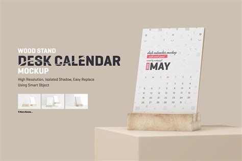 Desk Calendar With Wood Stand Mockup Business Card Mock Up Desk