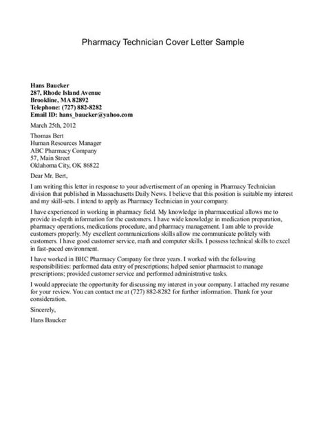 Pharmacy Technician Cover Letter Sample No Experience Free Resume