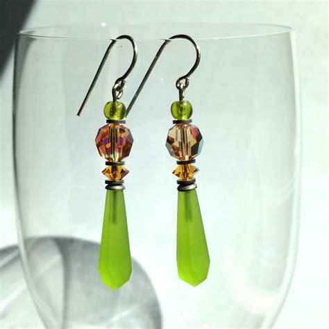 Bright Green Chandelier Earrings Frosted Lime Antique Czech Drops With
