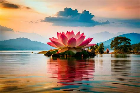 A Lotus Flower Floating In The Water At Sunset Ai Generated 32262512