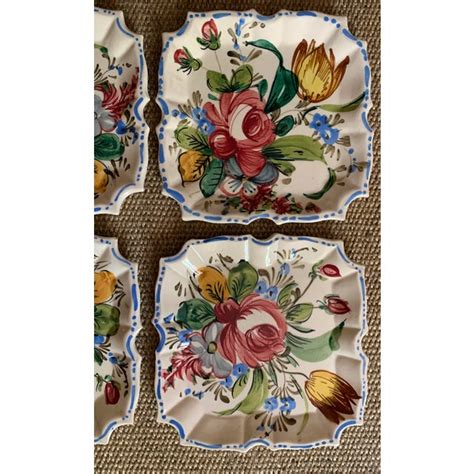 Vintage Italian Faience Hand Painted Floral Square Plates Set Of 4