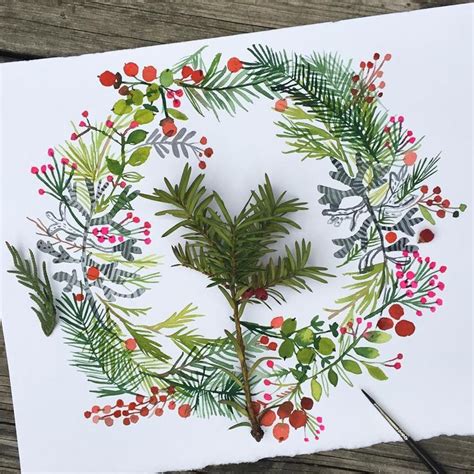Watercolor Christmas Wreath Painted In Classic Red And Green Colors