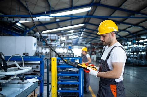 Trabajador De Fábrica Vistiendo Uniforme Y Casco De Máquina Industrial