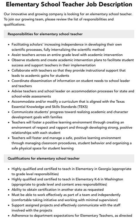 Elementary School Teacher Job Description Velvet Jobs