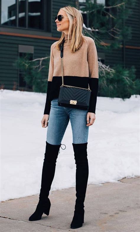 Black High Knee Booties Winter Outfits Outfit Ideas With Sweaters