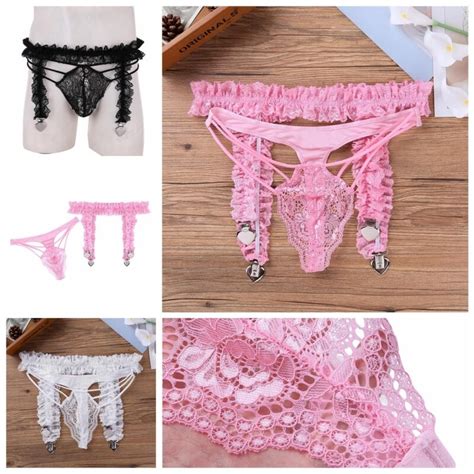 mens lingerie set ruffled sissy panties lace g string underwear with garter belt herrenmode
