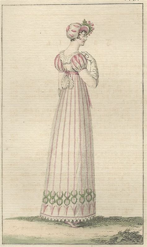 Antique 1805 Regency Georgian Fashion Print Pink Stripe Gown Bonnet