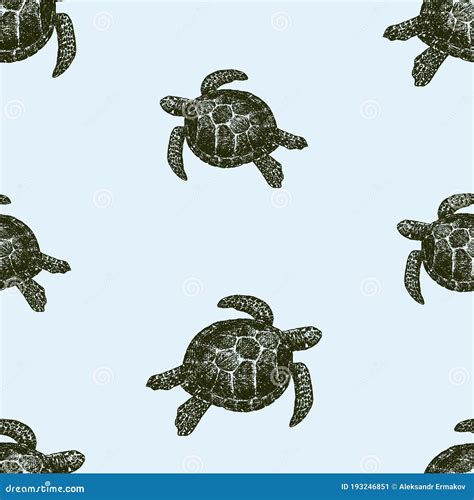 Seamless Background Of Drawn Sea Turtles Swimming In Water Stock Vector