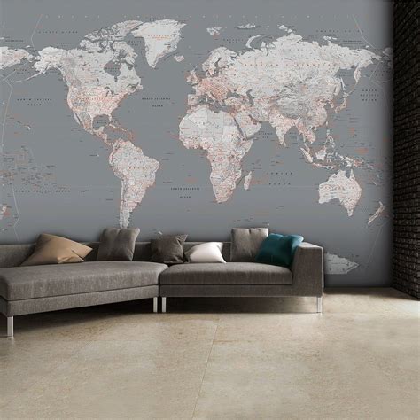 Detailed Silver Grey World Map Feature Wall Wallpaper Mural 315cm X