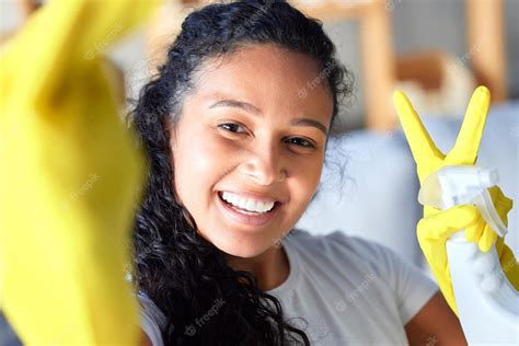 premium photo woman portrait and peace sign for selfie in housekeeping cleaning or detergent