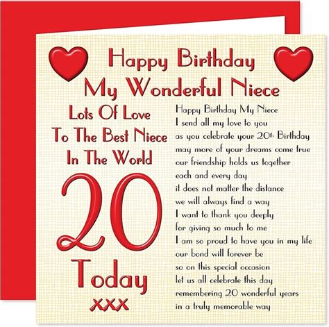 my niece 20th happy birthday card lots of love to the best niece in the world 20 today