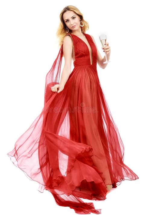 Beautiful Elegant Woman In Red Dress With A Glass Of Champagne C Stock