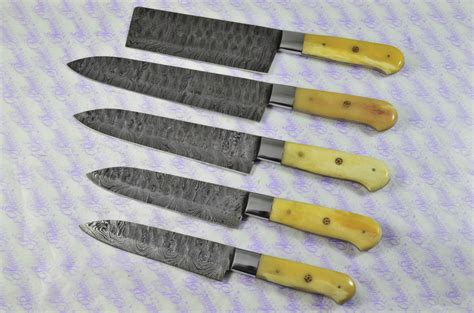 Hand Forged Damascus Steel Camel Bone Set Of 5 Chef Knives Kitchen