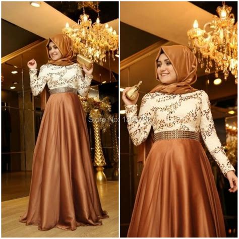 Stunning Beading Lace Top Elastic Satin Hijab Arabic Evening Gowns