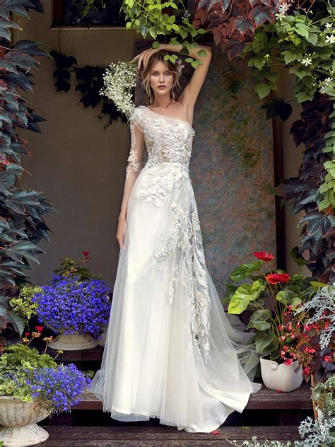 Papilio One Shoulder Wedding Dress With Asymmetrical Floral Embroidery