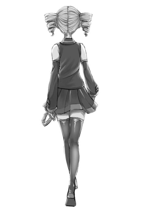 Safebooru 1girl Belt Commentary Detached Sleeves Drill Hair From Behind Full Body Greyscale