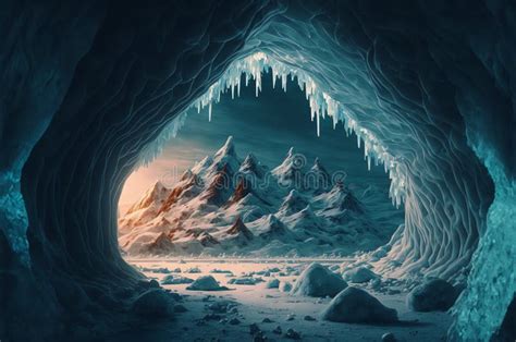 A Fantasy Icy Cave Overlooking A View Of Mountains With Ice At Their