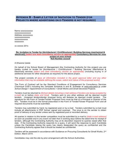 Appendix B Sample Letter Of Invitation To Tender For Projects