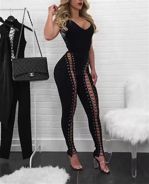 Women Sexy Lacing Hollow Out Black Bodycon Bandage Jumpsuit Knitted