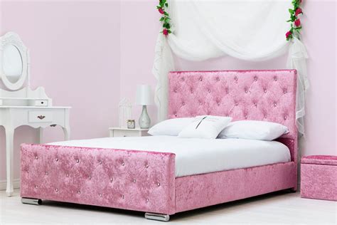 Beaumont Diamante Pink Crushed Velvet Double Bed Frame 4ft6 Velvet