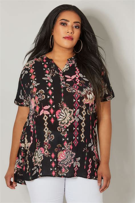 Black And Pink Aztec Print Blouse With Grown On Sleeves Plus Size 16 To 36