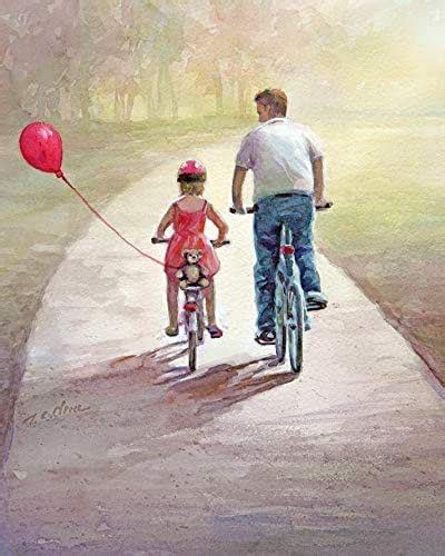 Father And Daughter Bicycling With A Red Balloon Art Print