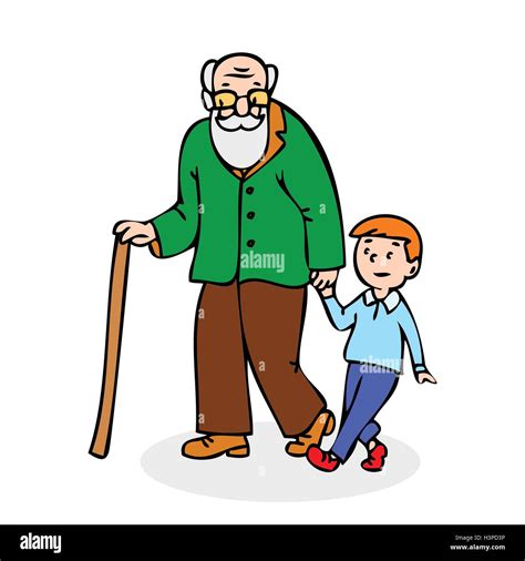 Grandfather With Grandson Funny Old Man With Walking Cane And With