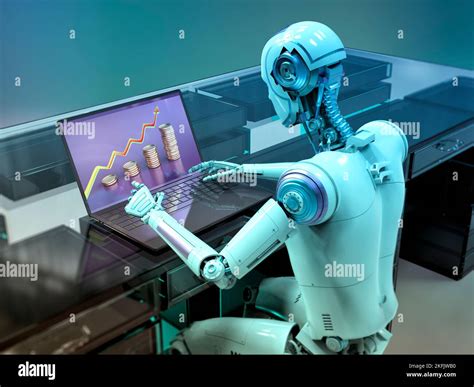 Humanoid Robot Working With Laptop Conceptual Illustration Stock Photo