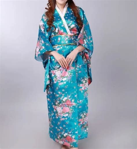 Light Blue Hot Sale Traditional Japanese Womens Kimono Haori Obi Yukata Faux Silk Satin Evening