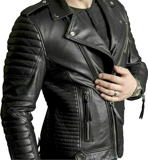 Mens Genuine Lambskin Quilted Biker Jacket Motorcycle Slim Fit Black