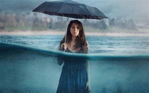 Download Wallpaper Brunette Rain Umbrella Girl Dress Wet 2560x1600