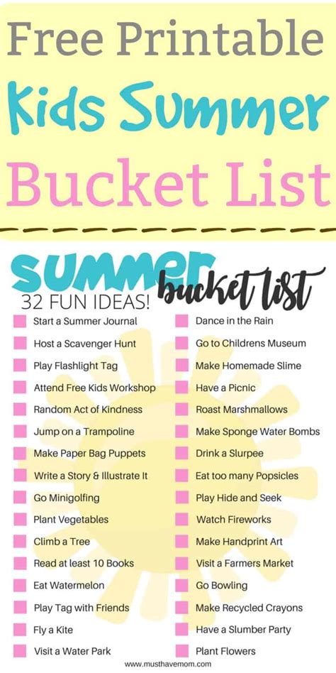 Summer Bucket List Printable Kids