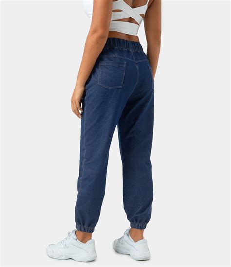 women s high waisted elastic waistband side pocket denim pants halara