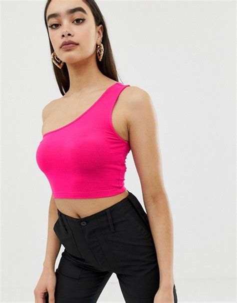 Asos Design One Shoulder Sleeveless Crop Top In Neon Pink Asos Neon Pink Tops Sleeveless