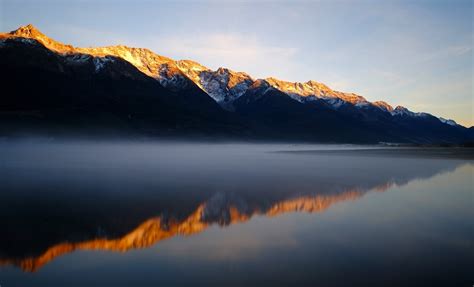 Mountains Snow Lake Water Dawn Fog Reflection Nature Landscape