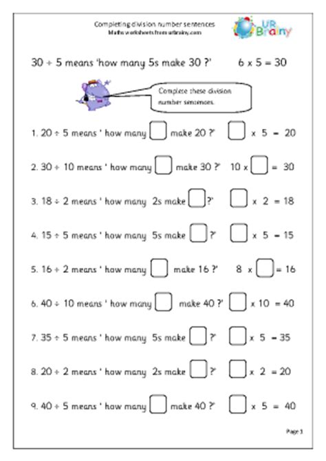 Complete division number sentences - Division Maths Worksheets for Year