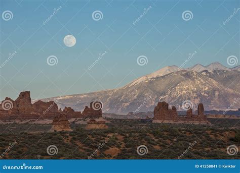 Moon Rising Over La Sal Mountain Moab Utah Stock Image Image Of